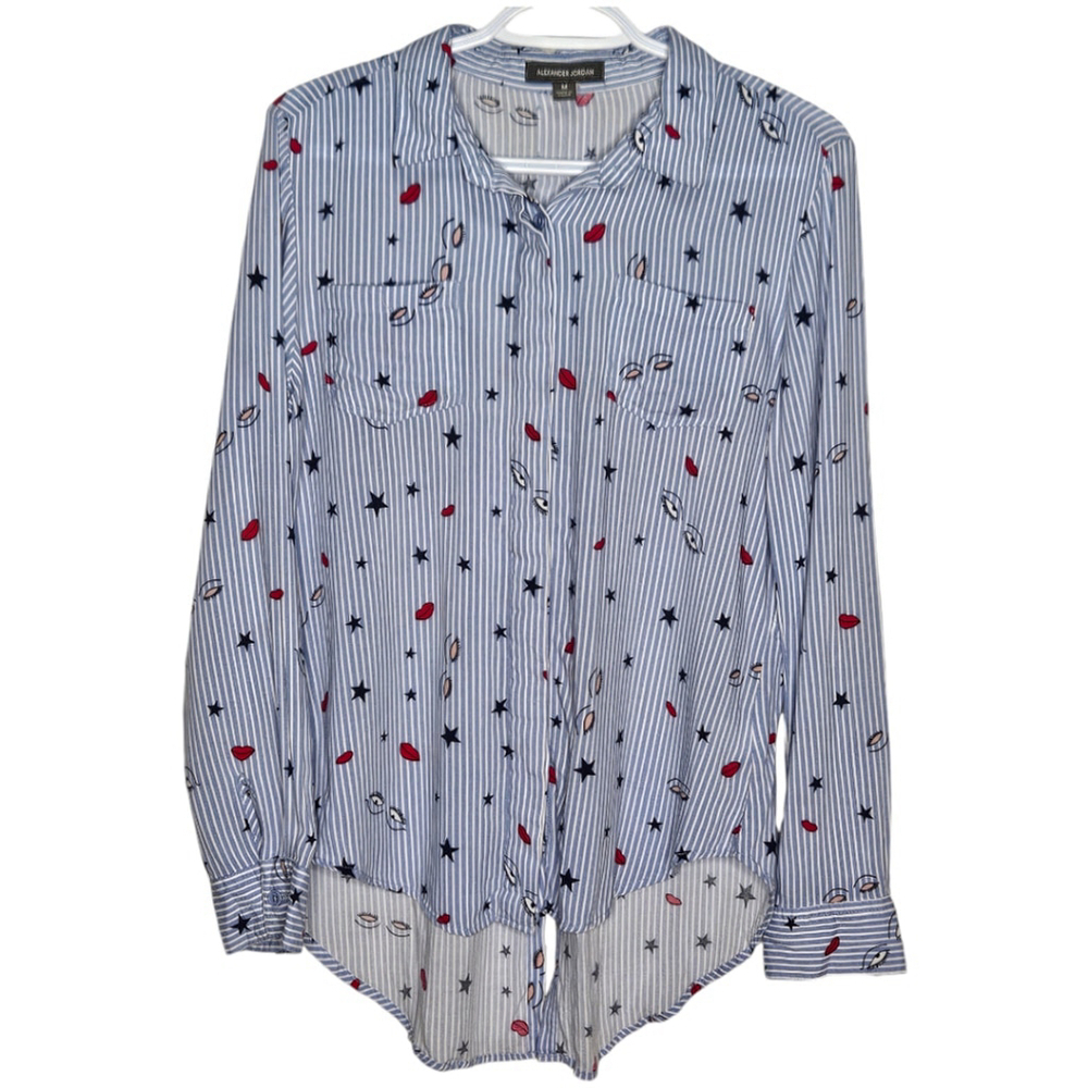 Alexander Jordan Blue & White Striped Blouse Womens Size Medium 100% Rayon